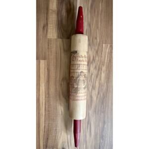 VTG Look Wood Rolling Pin Christmas Decor Red Handles Hark the Herald Farmhouse